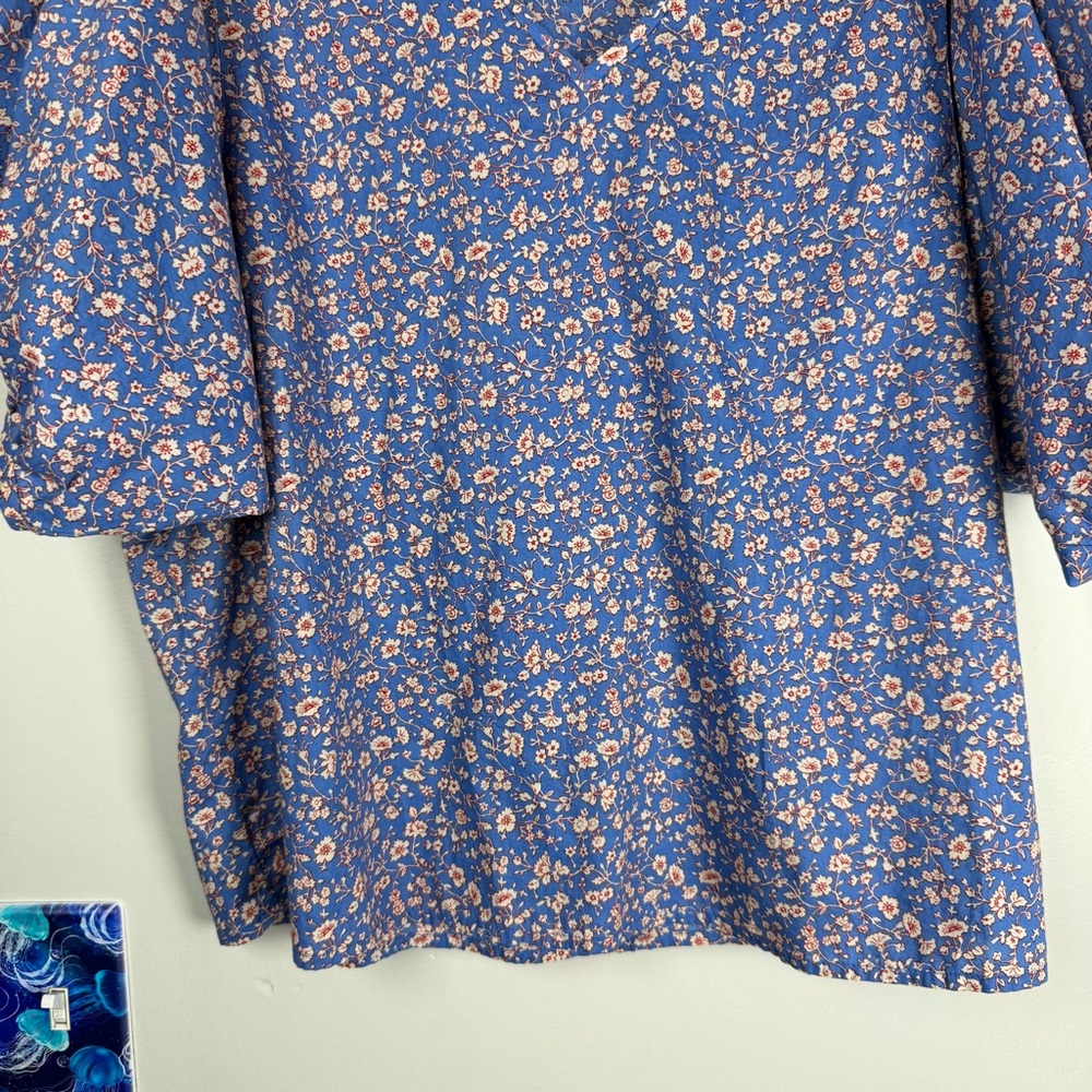 Madewell Floral Summer Vines Hermitage Blue Puff Sleeve VNeck Blouse Top Size XL - Picture 4 of 9